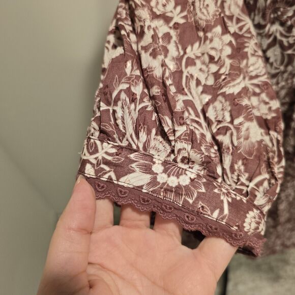 Olivaceous Boho Floral Short Puff Sleeve Mini Baby Doll Dress Maroon Size Medium - Picture 5 of 12